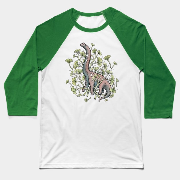 Brachio Ginkgo Botanical Dinosaur Baseball T-Shirt by OMEGAFAUNA